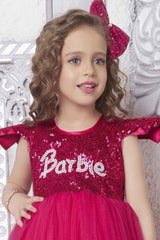 Barbie Sequined Pink Net Gown With Ruffled Sleeves For Girls