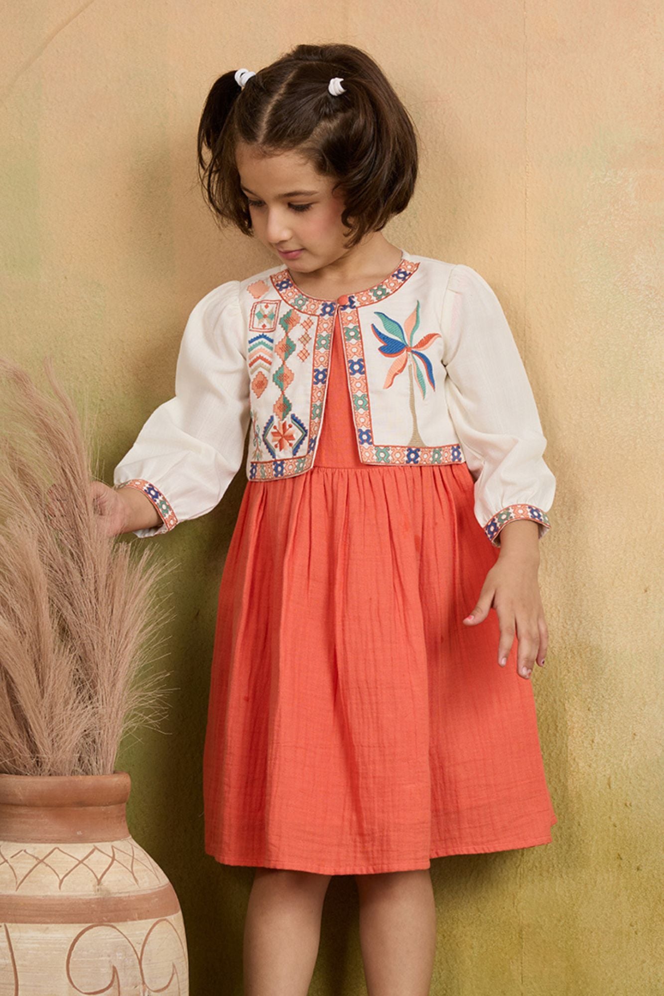 Orange & Ivory Embroidered Dress With Cropped Jacket For Girls