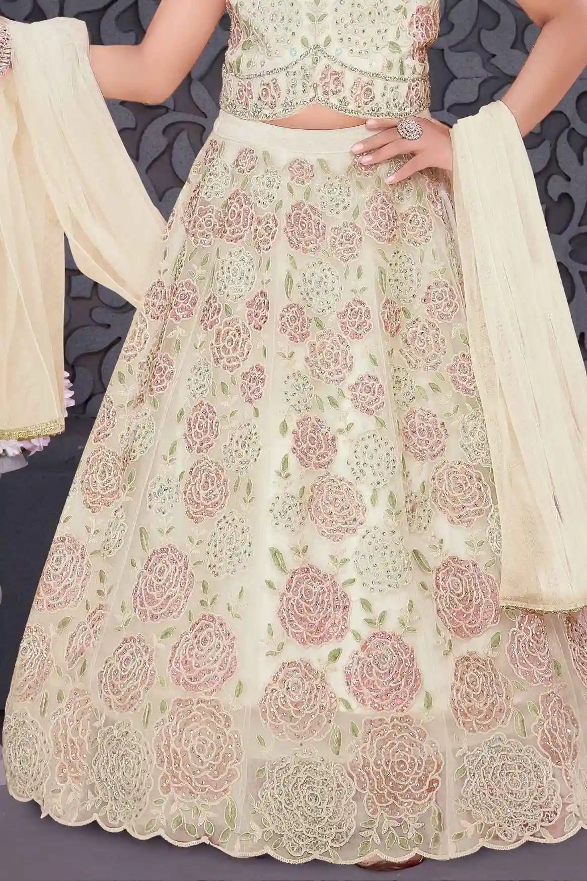 Cream Floral Embroidered Lehenga Choli Set With Dupatta For Girls