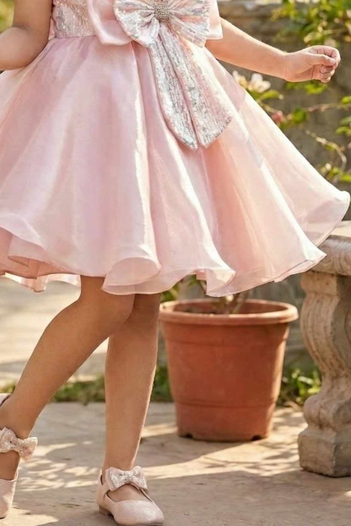 Peach Embellished Party Wear Frock with Structured Shoulder Straps For Girls