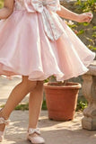 Peach Embellished Party Wear Frock with Structured Shoulder Straps For Girls