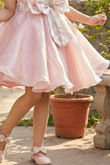 Peach Embellished Party Wear Frock with Structured Shoulder Straps For Girls