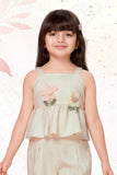 Cream Floral Appliqué And Palazzo Set For Girls