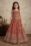 Girls Rust Orange Sleeveless Embroidered Lehenga Choli Set
