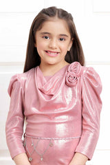 Peach Shimmer Floral Embellished Party Wear Dress For Girls