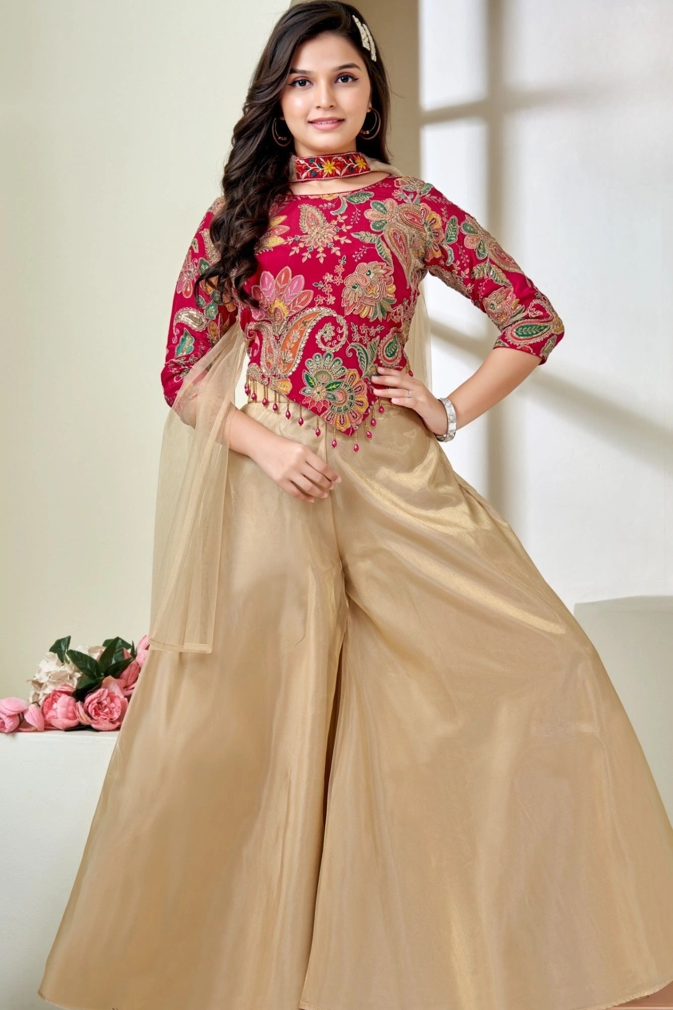 Pink Embroidered Top with Cream Palazzo Set For Girls