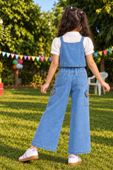 Girls Light Blue Denim 3 Piece Co-Ord Set With Decorative Bow
