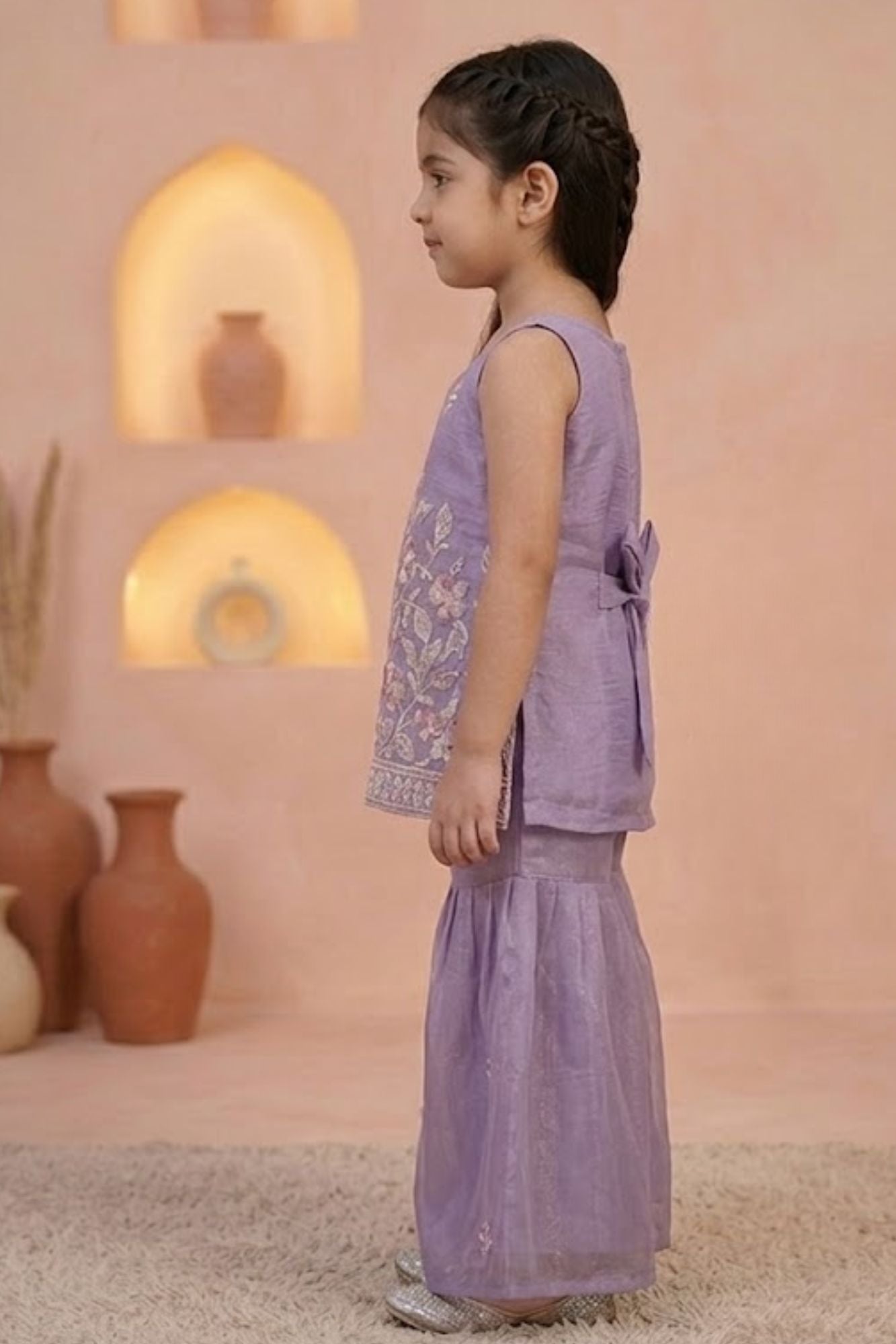 Girls Lavender Floral Embroidered Sharara Set with Dupatta