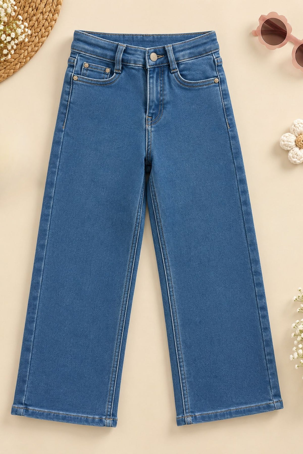 Blue Stone Washed Straight Fit Denim Jeans For Girls