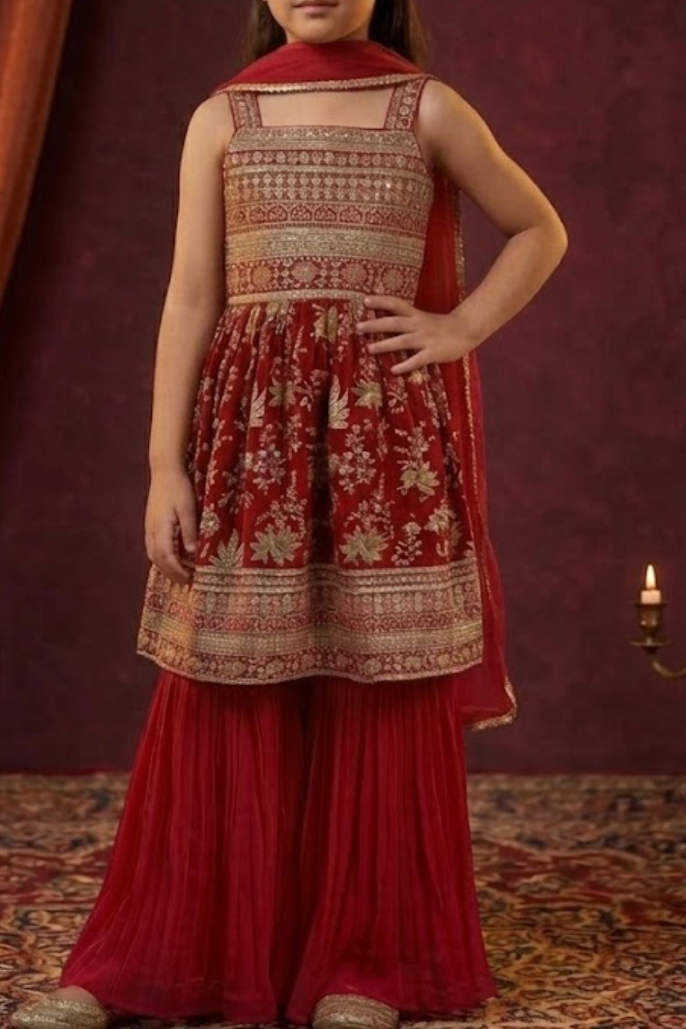 Girls Red Ethnic Kurta Palazzo Set with Dupatta and Traditional Print Detailing