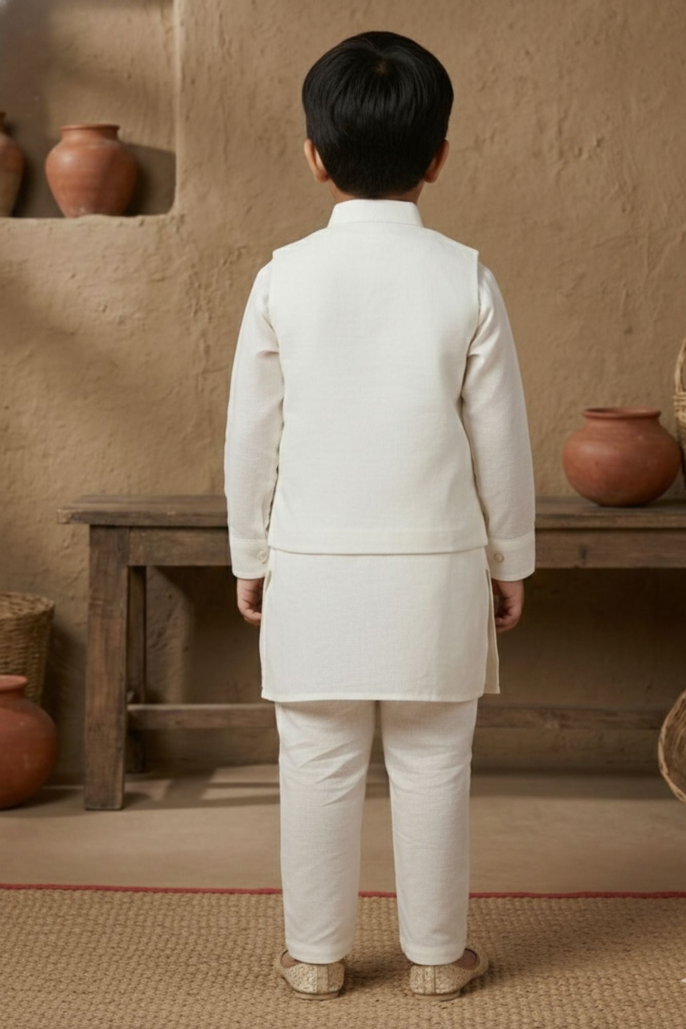 Ivory Embroidered Kurta Pajama Set With Jacket For Boys