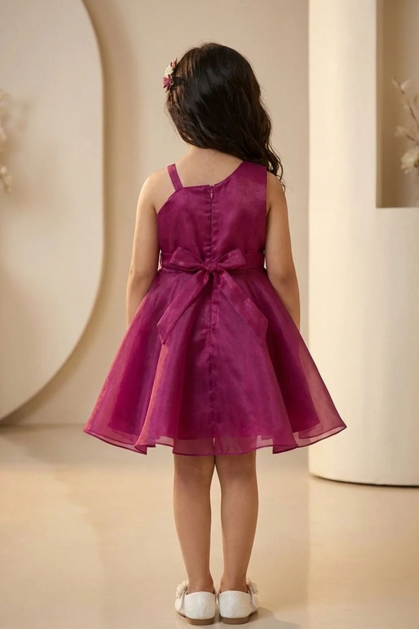 Wine Organza Frock With Floral Embellished For Girls