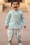 Aqua Blue Geometric Printed Kurta And Dhoti  Set for Boys
