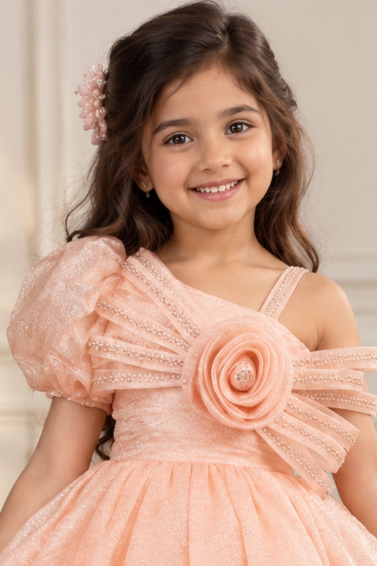 Peach One-Shoulder Party Frock with 3D Floral Bow For Girls