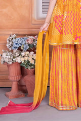 Yellow Embroidered And Mirror Work Top With Sharara Bottom Set For Girls