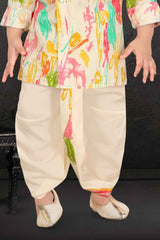 Multicolor Printed Full Sleeves Kurta With Cream Dhoti Set For Boys