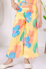 Trendy Lemon Yellow Floral Printed Sleeveless Jacket And Pant Co Ord Set For Girls