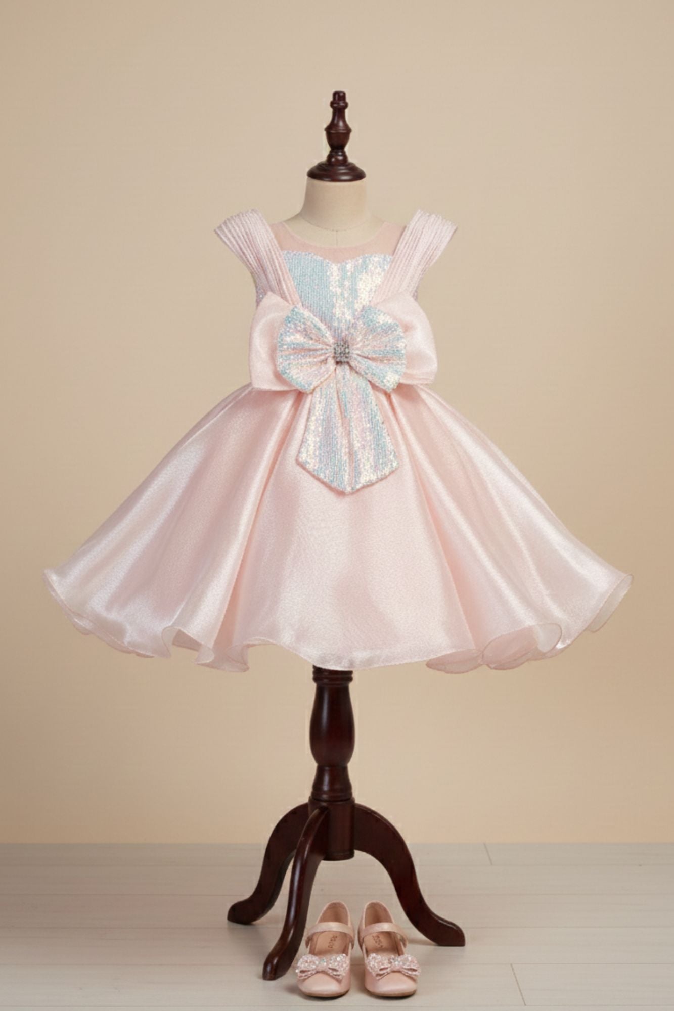 Peach Embellished Party Wear Frock with Structured Shoulder Straps For Girls