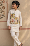 Beige Kurta Set  With Tropical Print Nehru Jacket For Boys