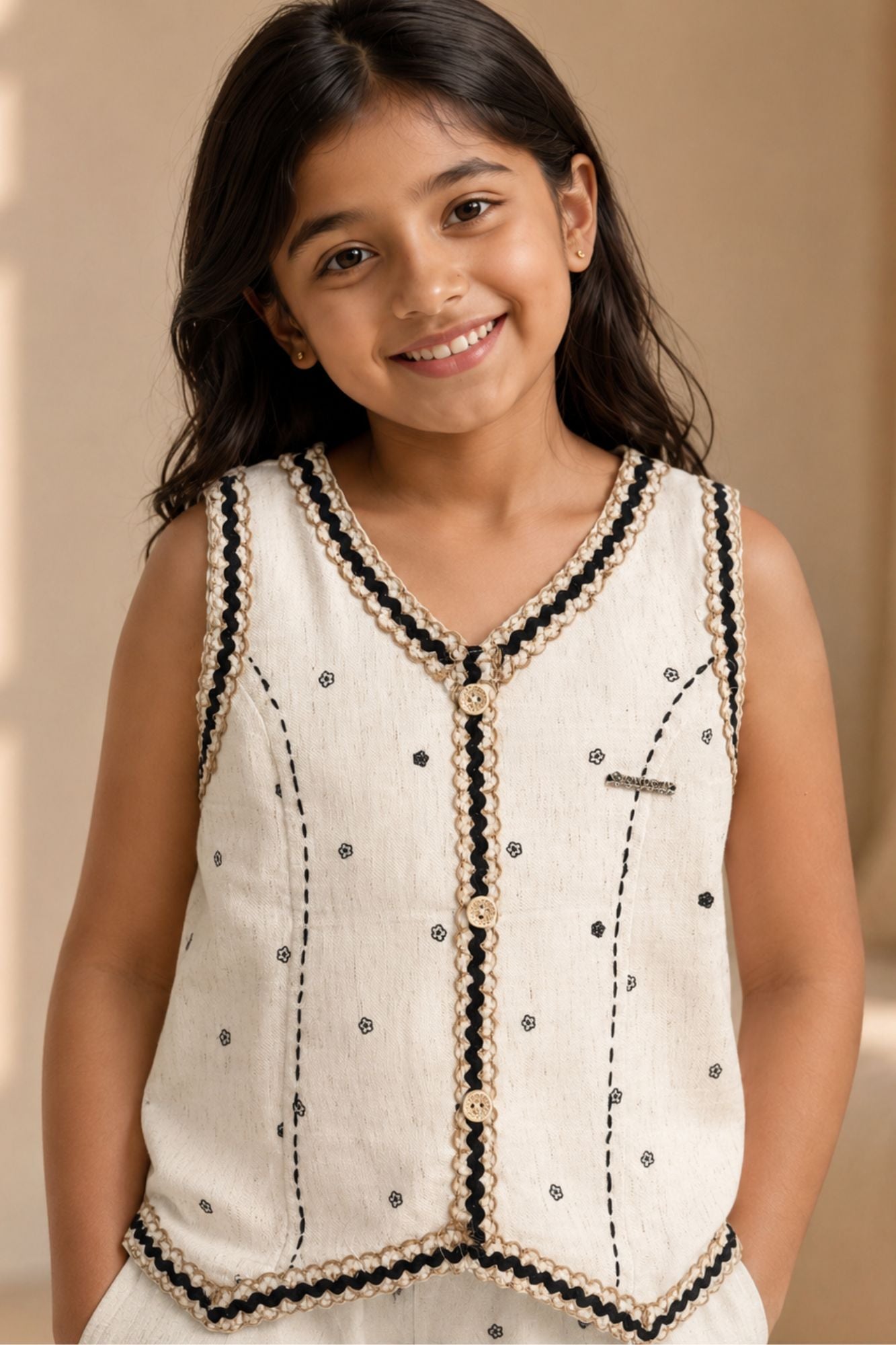White And Black Printed Sleeveless Co-Ord Set with Wide-Leg Culottes for Girls