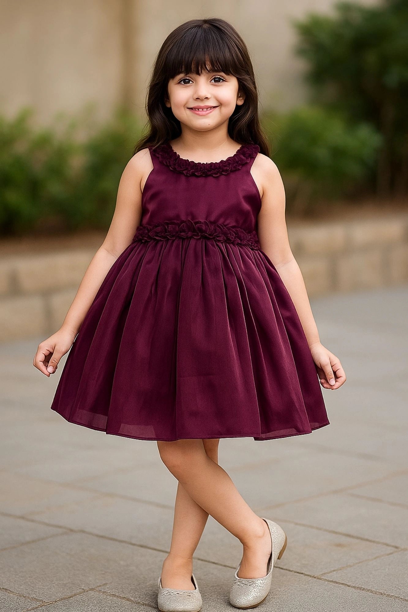 Wine Embellished Satin Party Wear Frock with Floral Appliqué Detailing For Girls