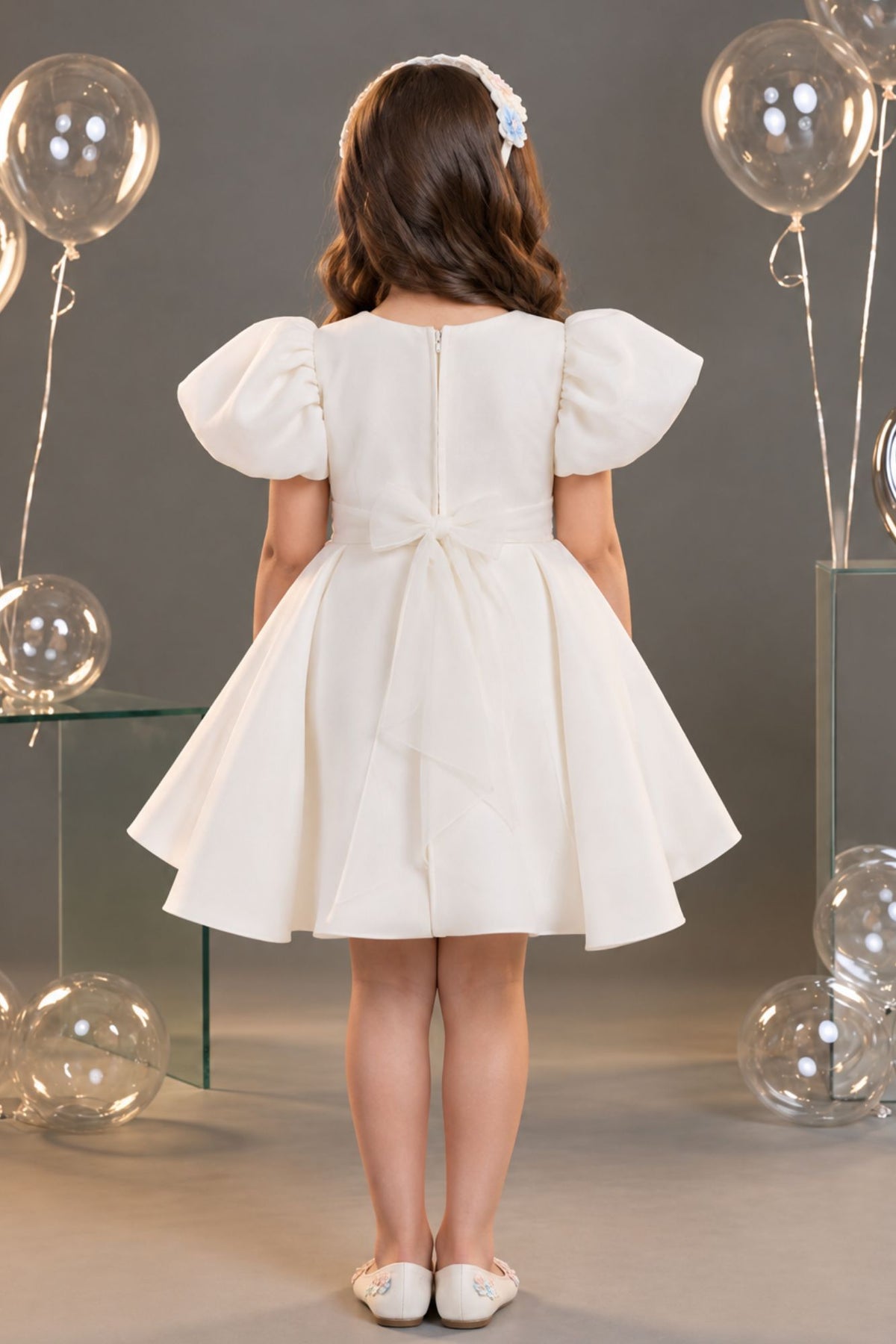 Girls White Floral Embellished Puff Sleeve Party Wear Frock