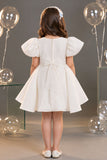 Girls White Floral Embellished Puff Sleeve Party Wear Frock