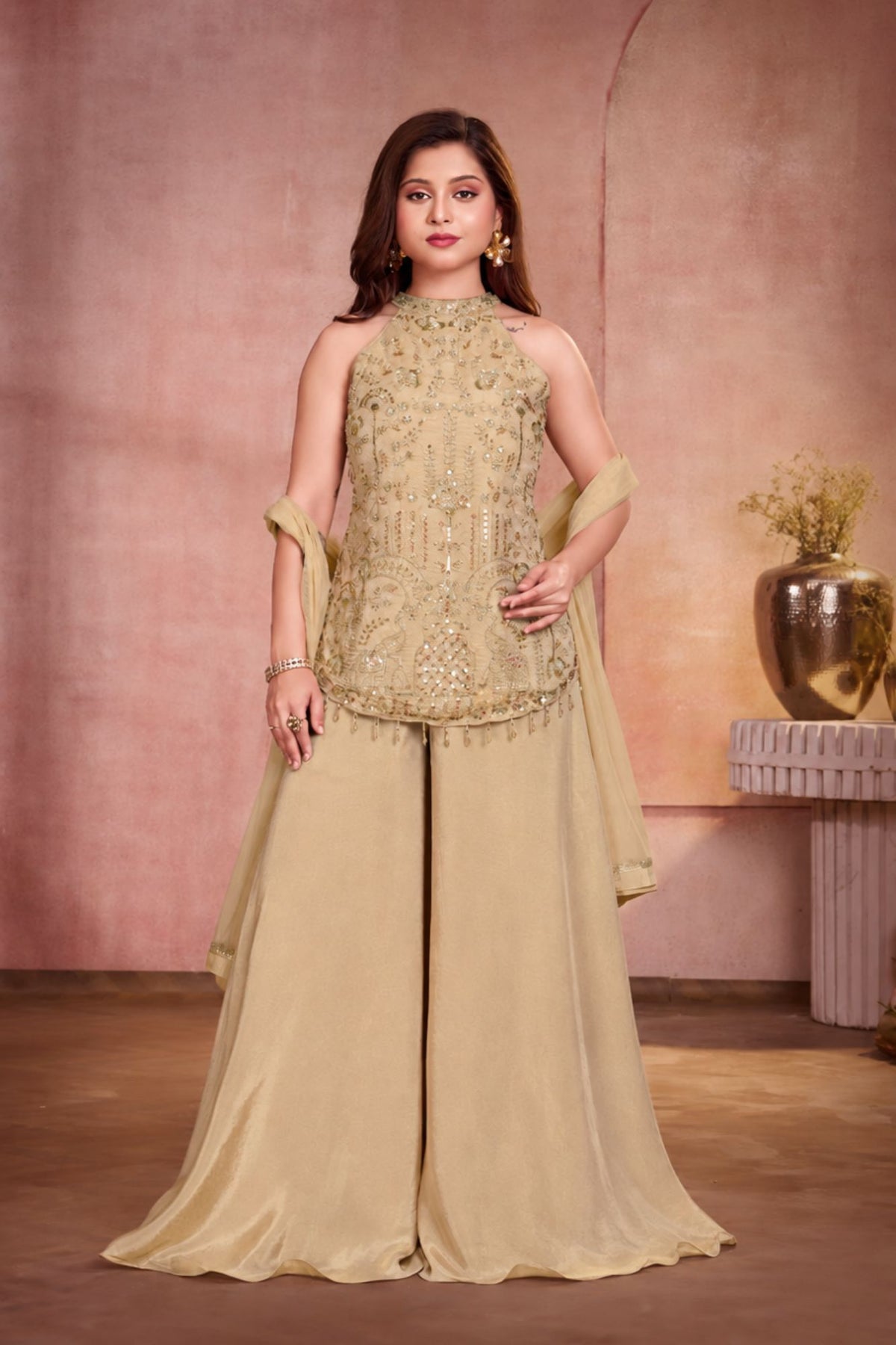 Girls Peach With Gold Elephant Motif Embellished Palazzo Set With Dupatta