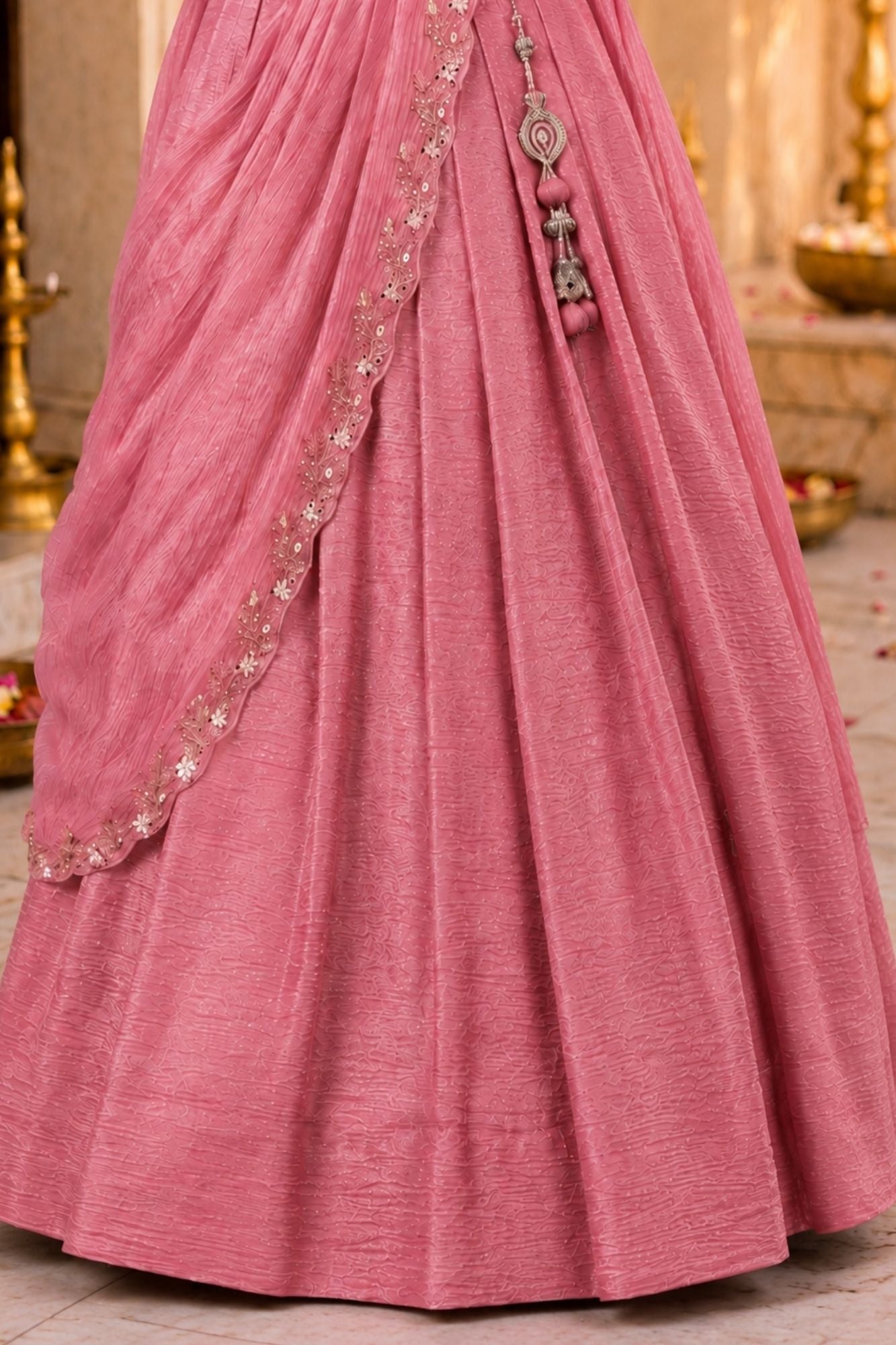 Girls Pink Embroidered Drape Saree Set with Waist Belt