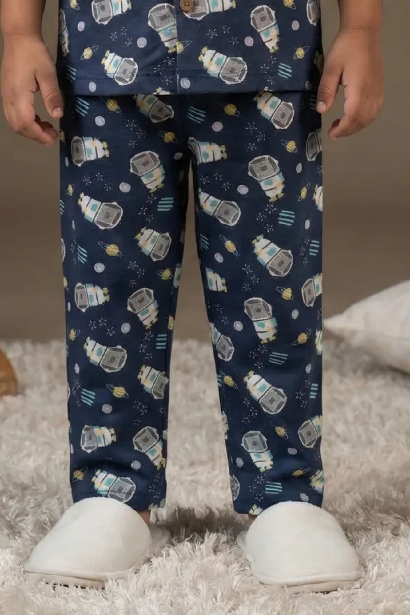 Navy Blue Space Astronaut Print Cotton Night Suit Set For Boys