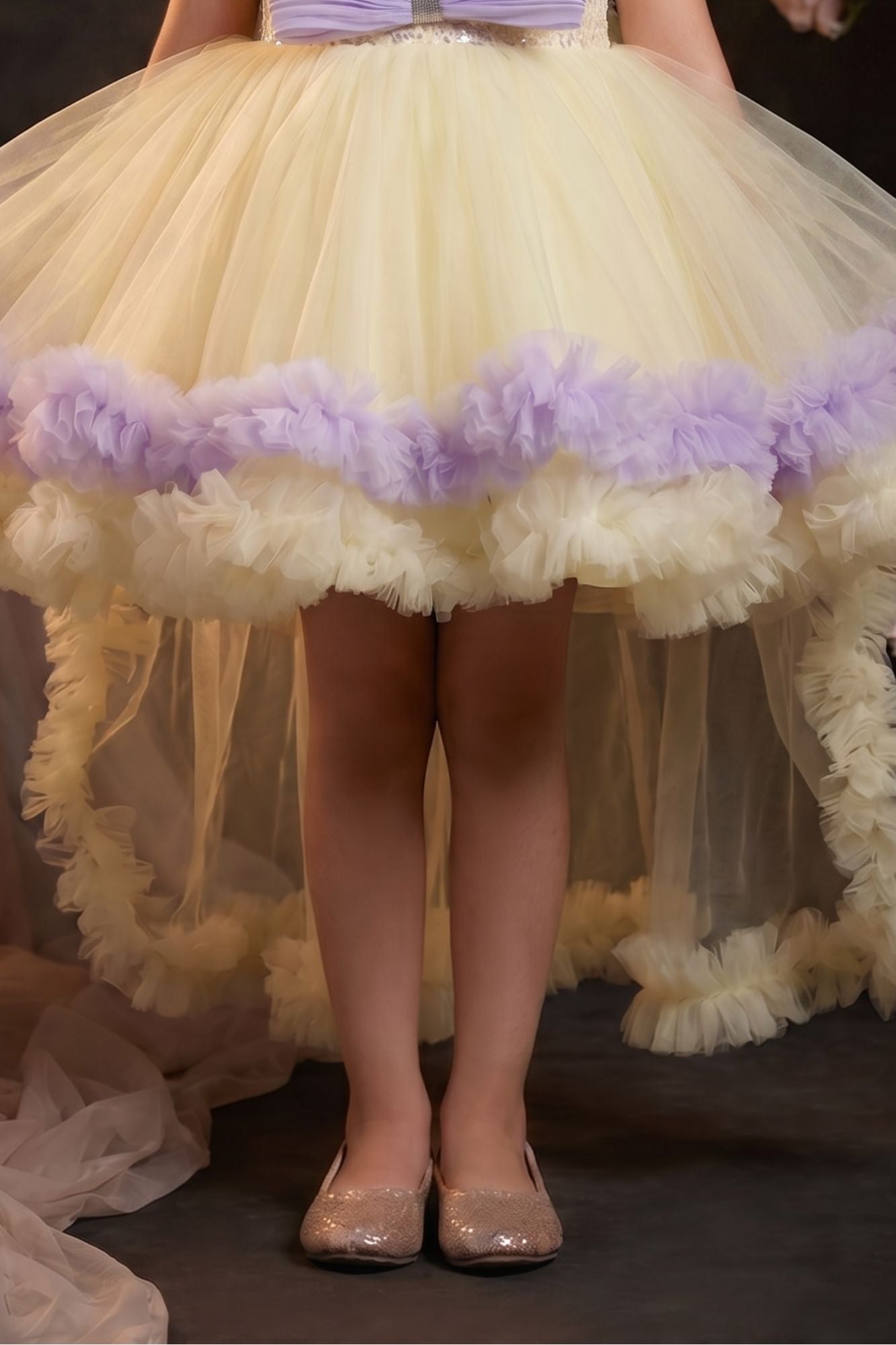 Girls Pastel Yellow and Lavender High Low Party Dress with Sequin