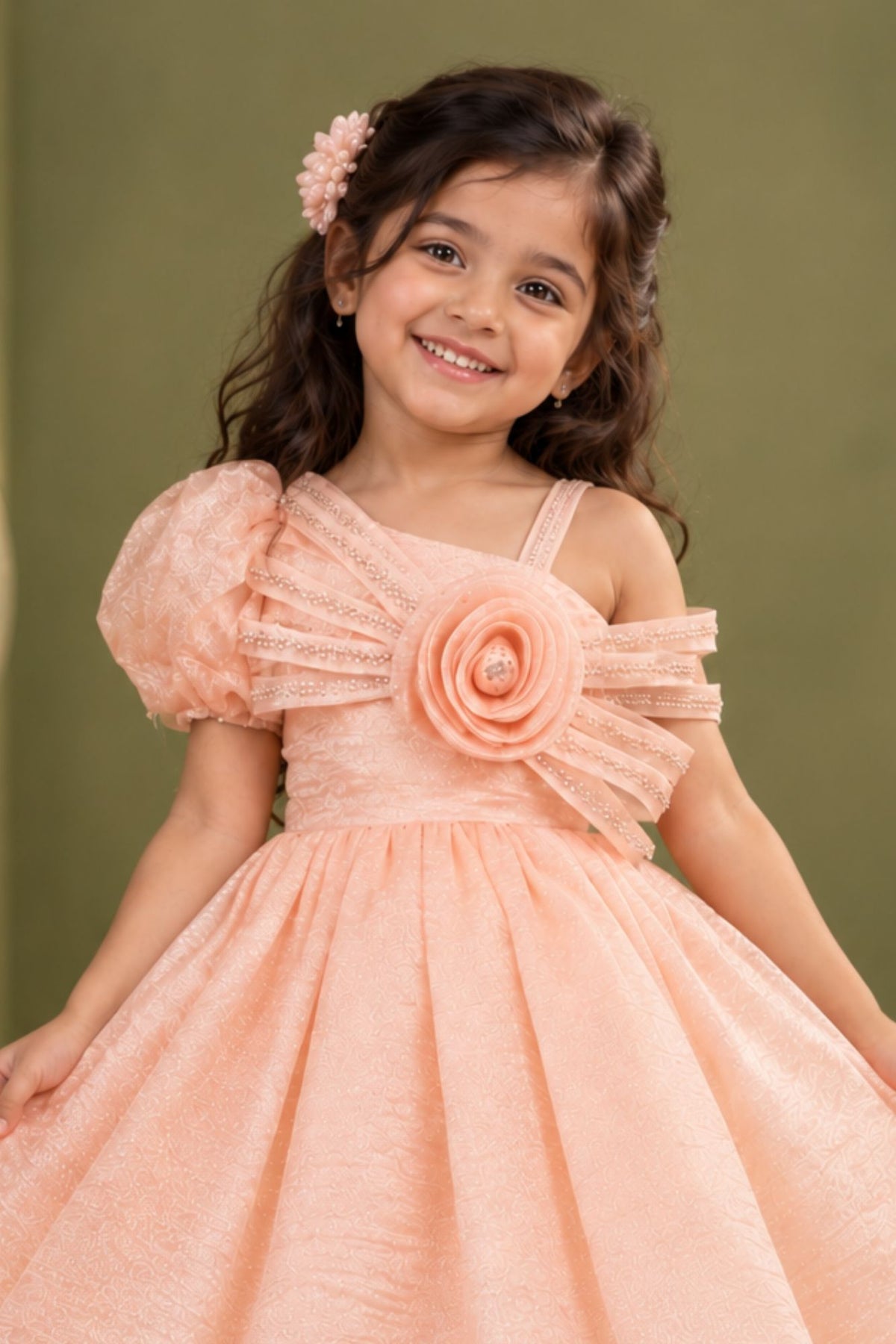 Peach One-Shoulder Party Frock with 3D Floral Bow For Girls