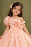 Peach One-Shoulder Party Frock with 3D Floral Bow For Girls