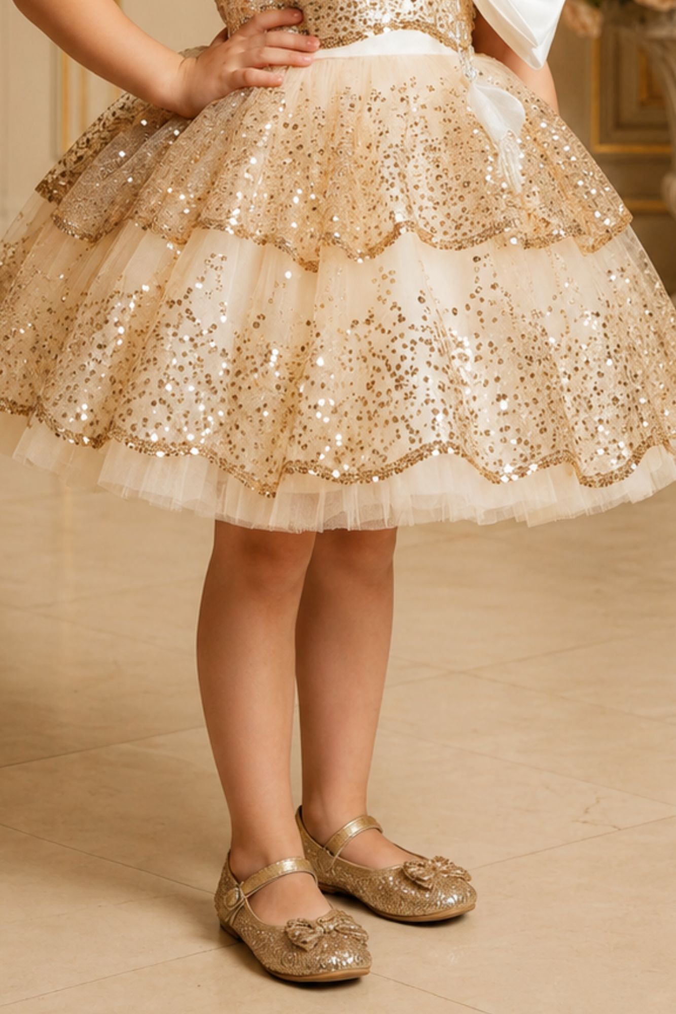 Girls Golden  Sequin Bow Party Wear Frock