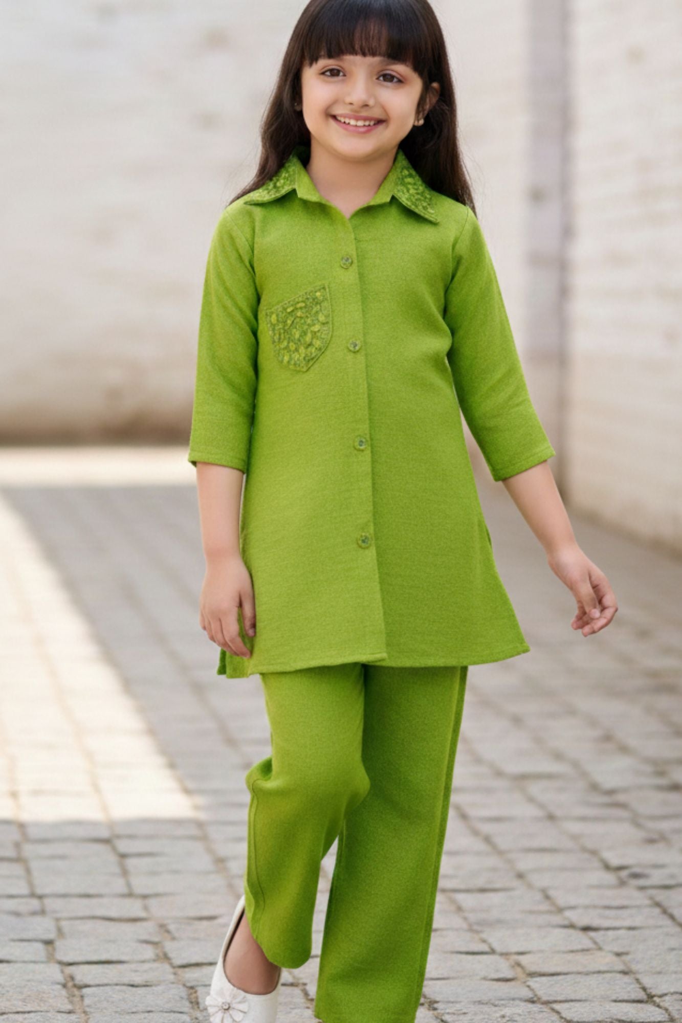 Green Casual Top With Matching Straight Pant Set For Girls