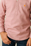 Peach Mandarin Collar Shirt With Roll-Up Sleeves For Boys