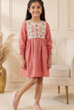 Rust Red Cotton Dress with Multicolor Floral Embroidered Yoke For Girls