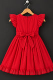 Crimson Red Peacock Embroidered Ruffle Sleeve  Flared Dress For Girls