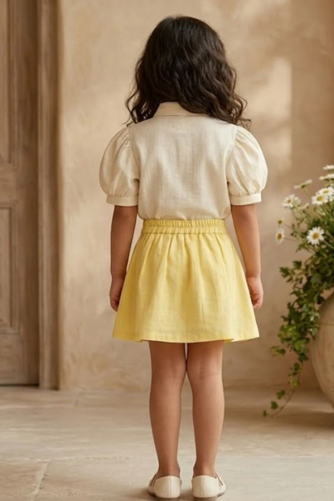 Girls Cream Floral Embroidered Top with Yellow Skorts Set