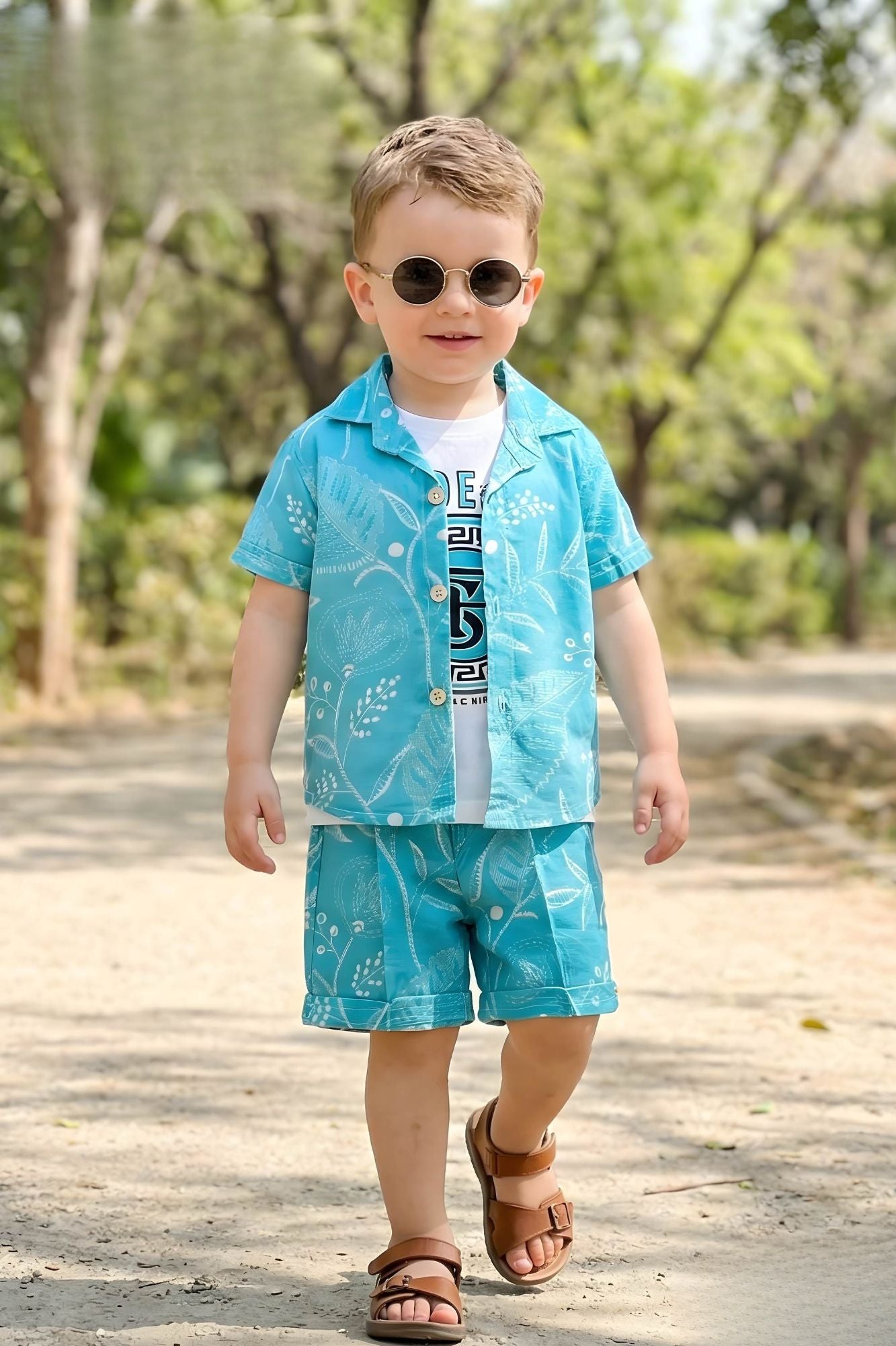 Boys Blue Shorts Set with Printed Shirt And Graphic T-Shirt