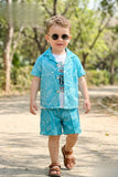 Boys Blue Shorts Set with Printed Shirt And Graphic T-Shirt