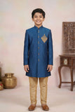Elegant Boys Royal Blue Sherwani with Gold Motif Embroidery And Pyjama Set