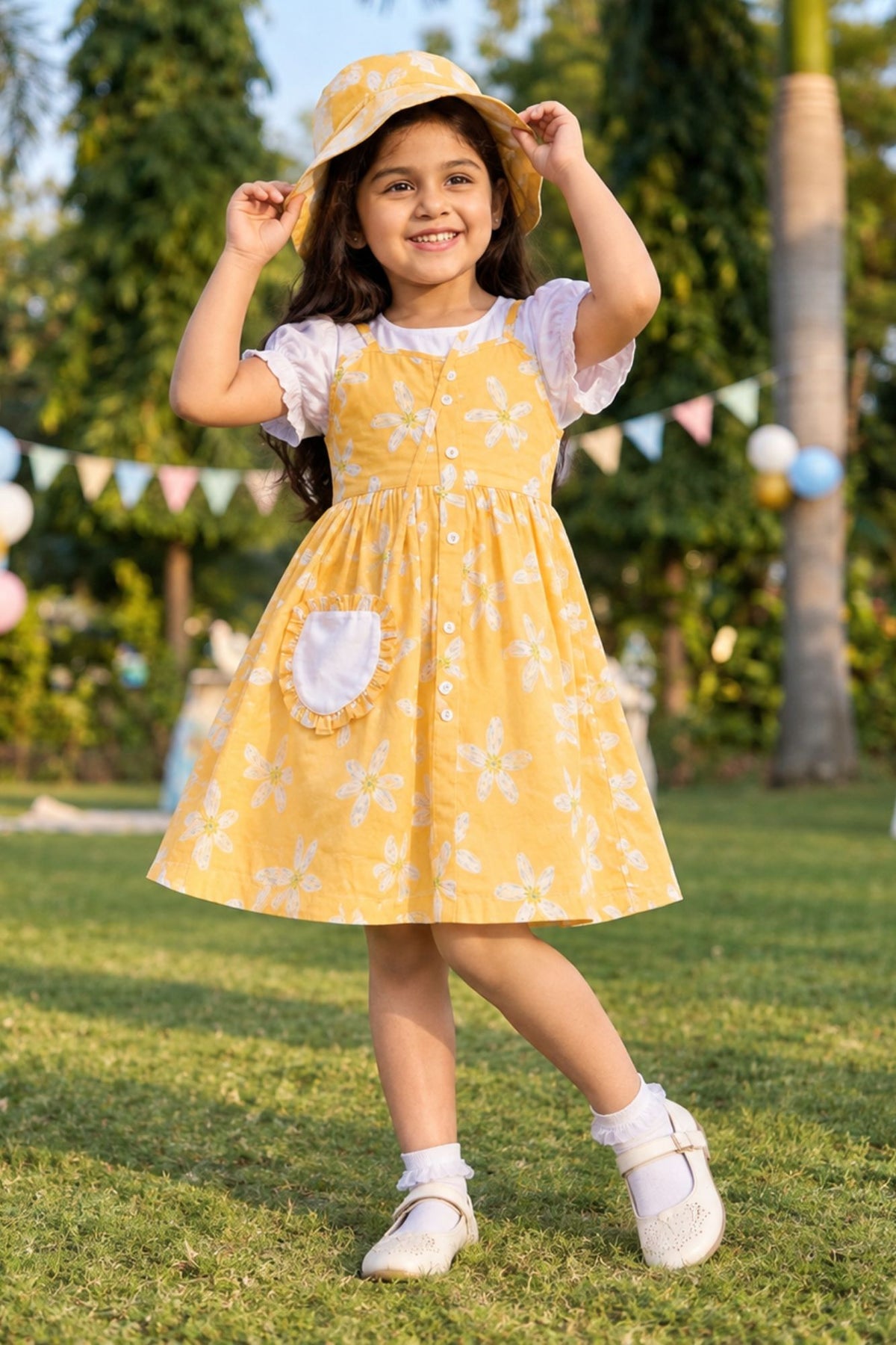 Yellow Floral Printed Dress And Matching Sling Bag For Girls