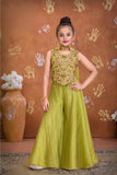 Girls Lime Green Embroidered Palazzo Set With Dupatta