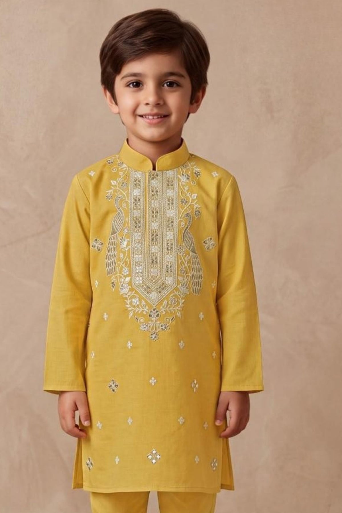 Boys Elegant Gold Peacock Embroidered Kurta Set