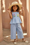 Blue Floral Appliqué And Palazzo Set For Girls