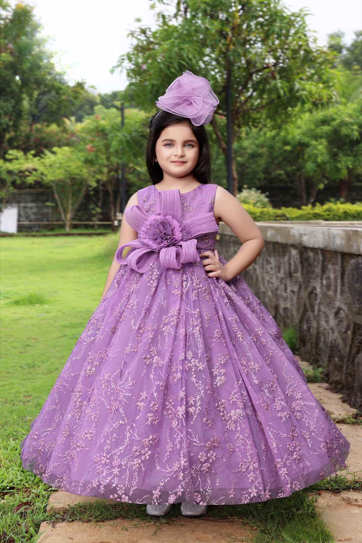Purple Gown With Floral Embellished And Shimmer For Girls