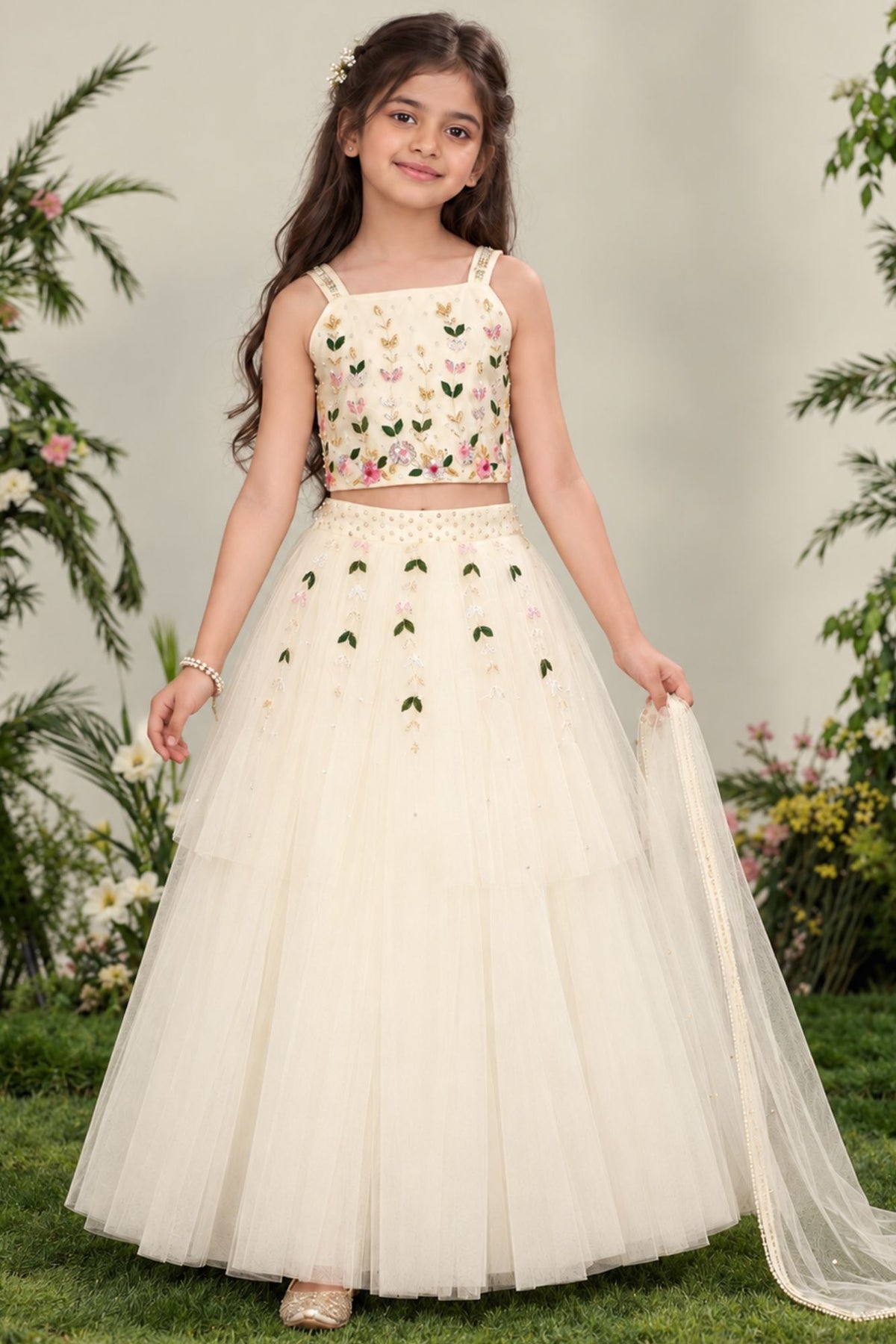 White Embroidered Lehenga Choli Set For Girls