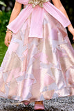 Girls Pink Metallic Geometric Floral Applique Party Wear Gown