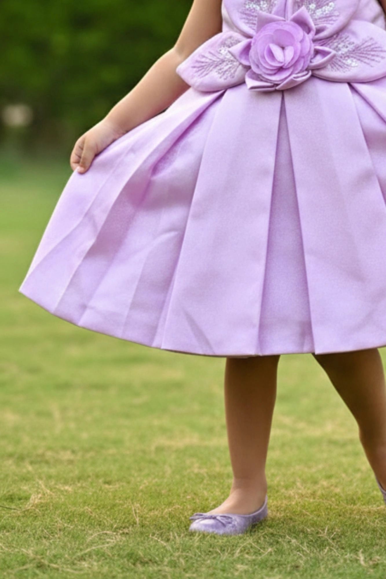 Lavender 3D Floral Appliqué With Embroidery Party Wear Frock For Girls